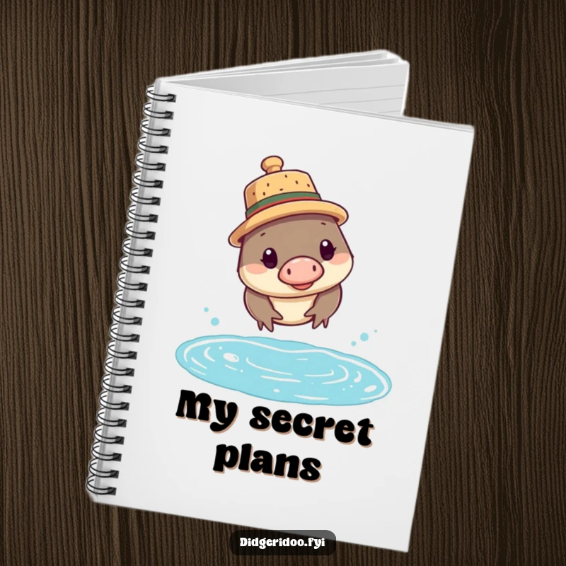 Funny platypus notebook with a curious platypus wearing a cork hat, poised to dive, inspiring creativity.