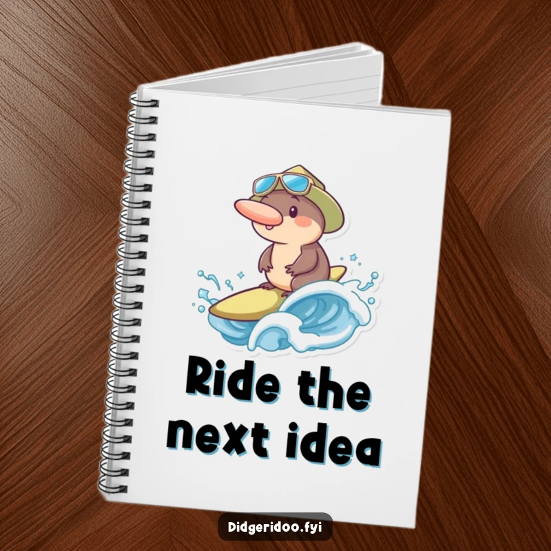 Funny platypus wearing a surf hat, jotting notes while riding an ocean wave, symbolizing a humorous approach to planning.