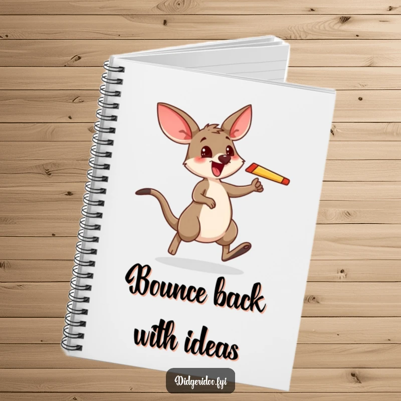 Funny notebook featuring an excited wallaby doing a boomerang hop, perfect for jotting down funny notes and ideas.