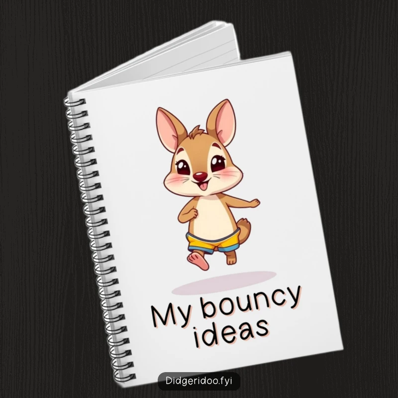 Funny wallaby in bright shorts hopping excitedly on a notebook, inspiring creative planning and humorous note-taking.