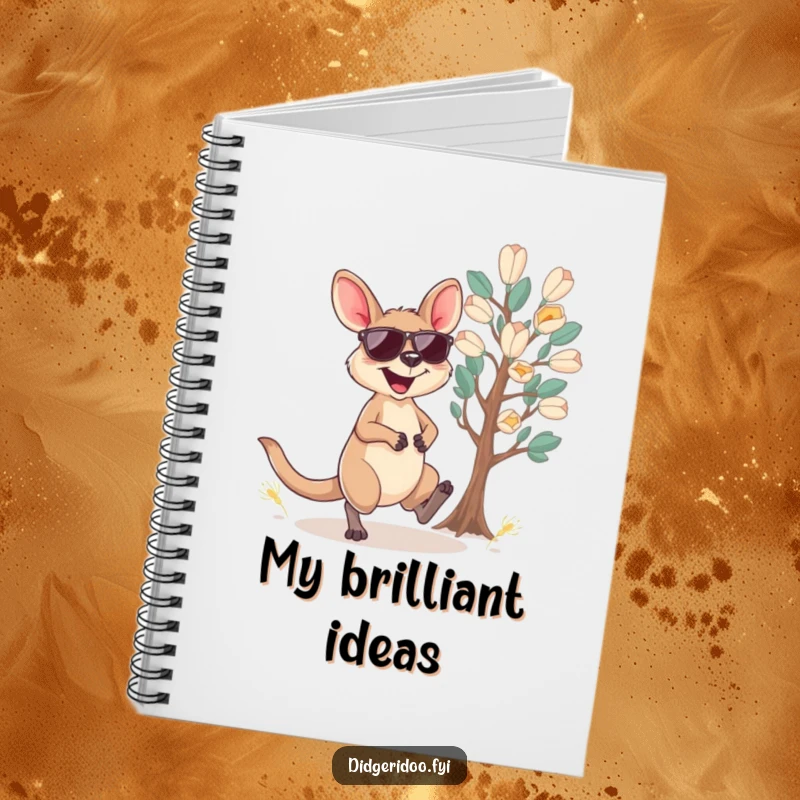 Funny wallaby notebook with a cool wallaby in sunglasses hopping near eucalyptus, perfect for jotting down witty thoughts.