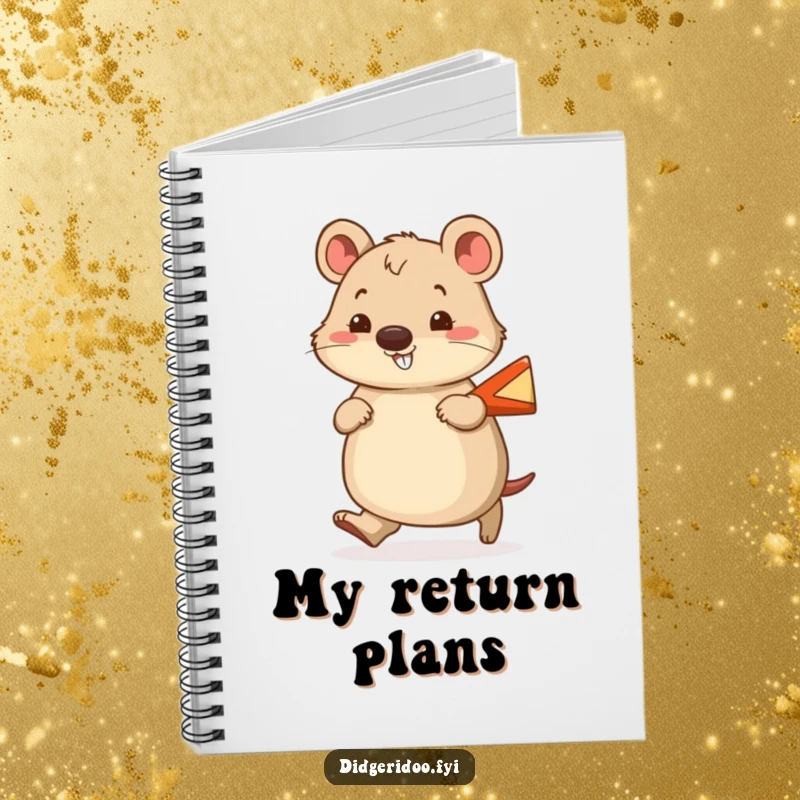 Funny wombat notebook featuring a cheerful wombat waddling with a smile, holding a tiny boomerang, for creative notes.