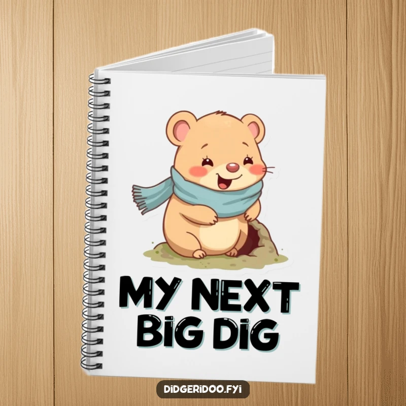Funny wombat notebook with a scarf, showing a wombat happily digging a hole, perfect for jotting down cozy thoughts.