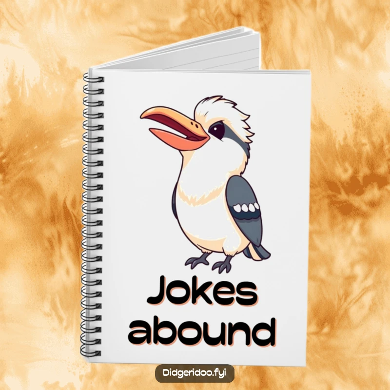 Funny Kookaburra Notebook featuring a cheerful bird with a wide beak mid-laugh, ready for your notes.