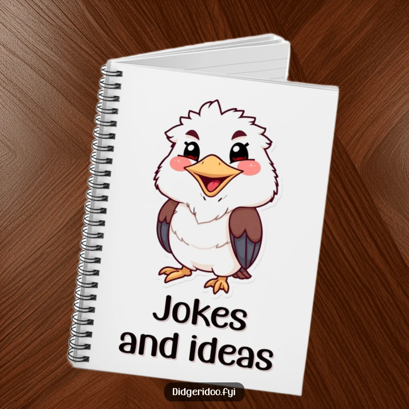 Funny kookaburra notebook with a grinning character and a wide beak, perfect for notes with a dose of Aussie humor.
