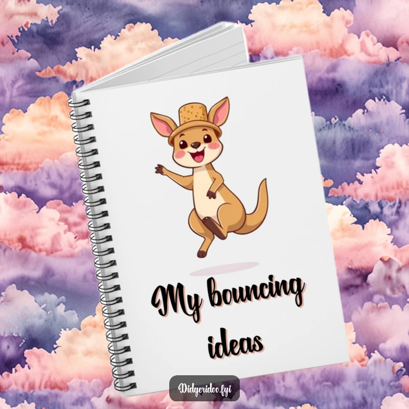 Funny kangaroo character notebook, wearing a tiny cork hat and jumping high, ideal for jotting down adventure plans or fun, energetic thoughts.