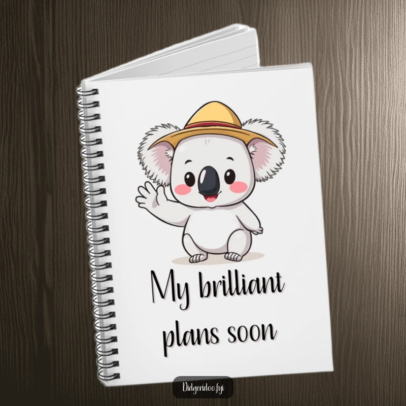 Funny Koala Notebook wearing an Akubra hat, cheerfully waving, great for jotting notes with a humorous Aussie touch.