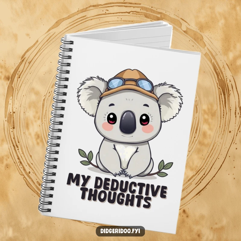 Funny koala in a detective hat, peeking, creating a mysterious cover for a notebook, ideal for jotting down clues.