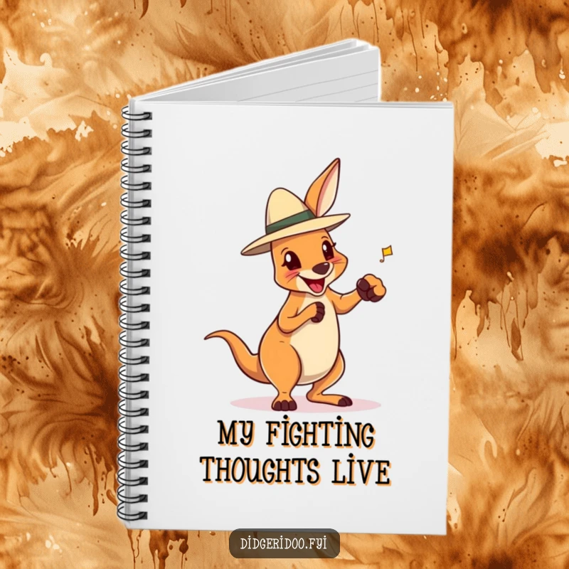 Funny notebook with a delighted kangaroo character, Akubra hat, playfully boxing, great for jotting down spirited and humorous notes.