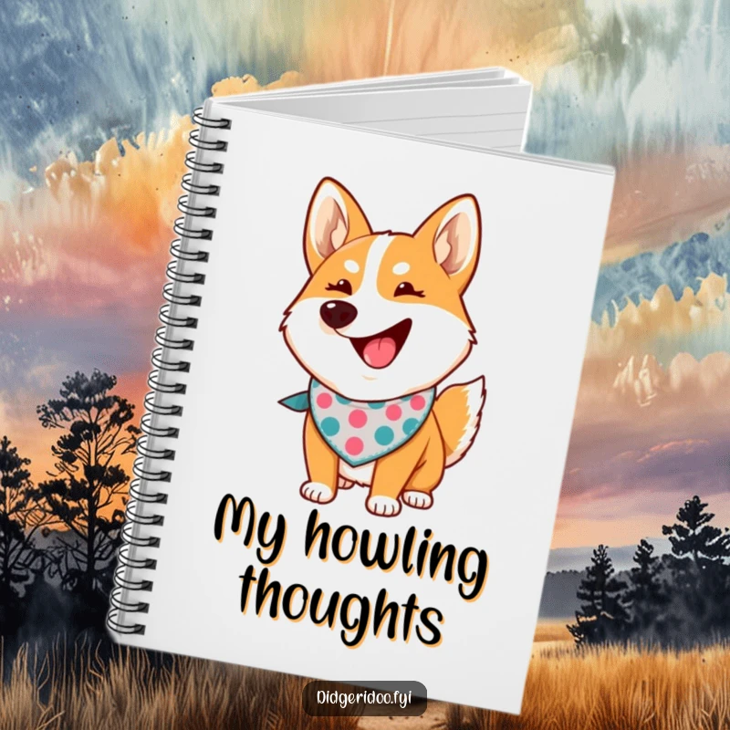 Funny dingo howling notebook with a proud cartoon dingo wearing a bandana, perfect for jotting notes with humor.