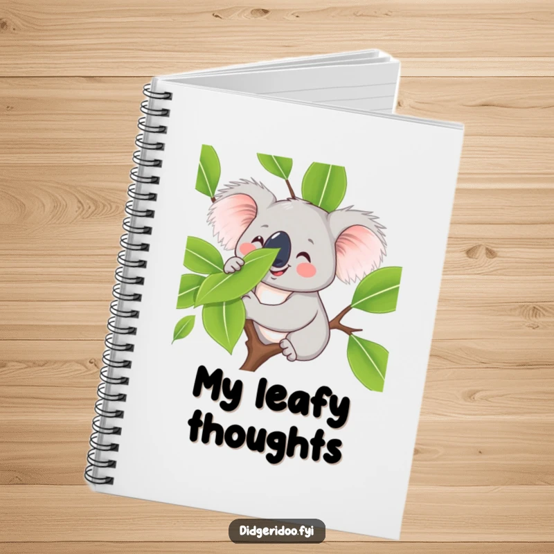 Funny koala character notebook, smiling and balancing a eucalyptus leaf on its nose, ideal for jotting down calm thoughts or peaceful observations.