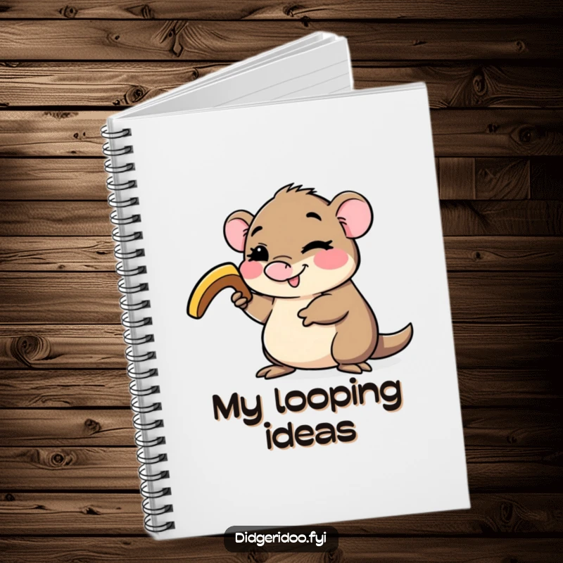 Funny platypus character notebook, winking and holding a small boomerang, ideal for jotting down quirky ideas or adventurous plans.