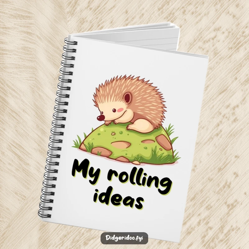 Funny echidna rolling playfully down a grassy hill, on a hilarious animal notebook.