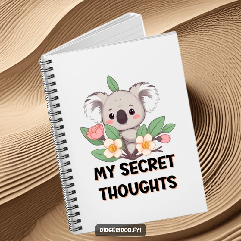 Funny Notebook: A curious koala peeks from behind a stylized eucalyptus bloom, a whimsical place for your notes.