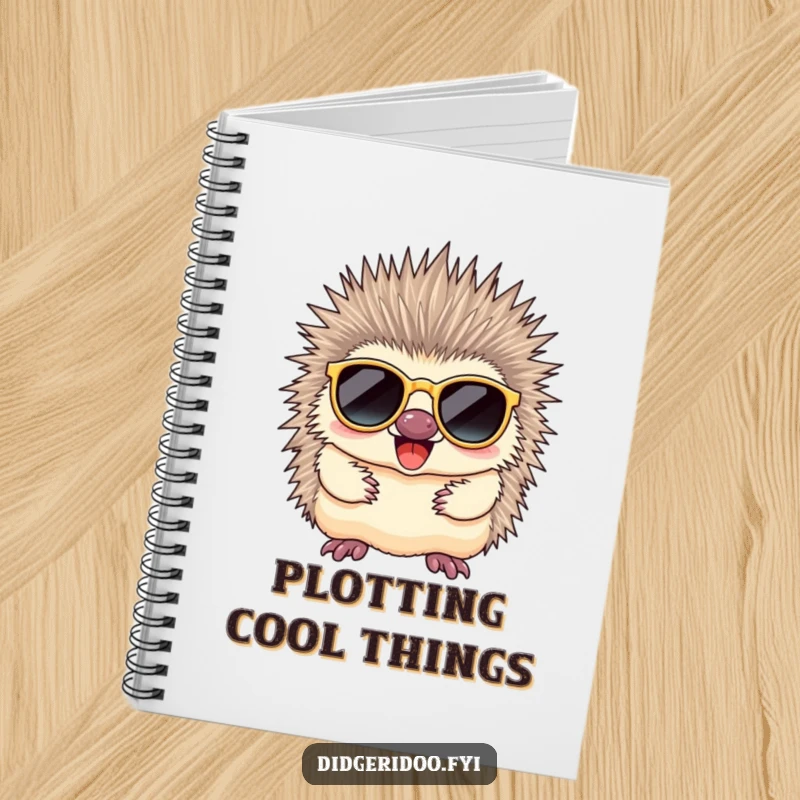 Funny echidna with quills, wearing sunglasses, humorously taking notes, ready to help organize your cool thoughts.