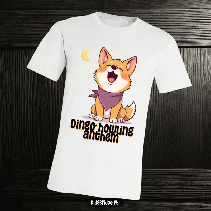 Funny Dingo T-Shirt: A delighted dingo sporting a bandana joyfully howls at a tiny moon, showcasing its humorous and wild personality.