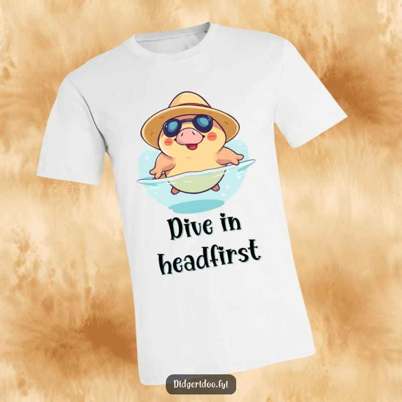 Funny Platypus T-Shirt: a happy platypus wearing a sun hat takes a playful dive, ideal for spreading aquatic humor and joy.