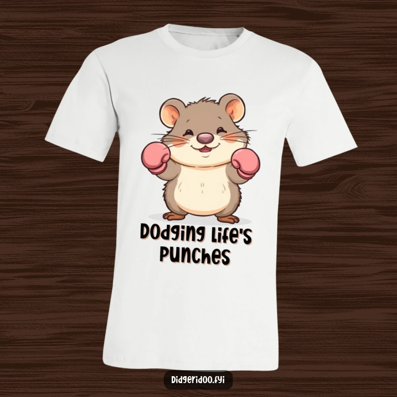 Funny wombat boxer t-shirt featuring a cartoon wombat with boxing gloves skillfully dodging, a hilarious gift for sports fans.