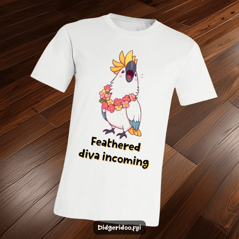 Funny Cockatoo T-Shirt: A proud cockatoo adorned with a lei belts out a tune with pure, infectious joy.