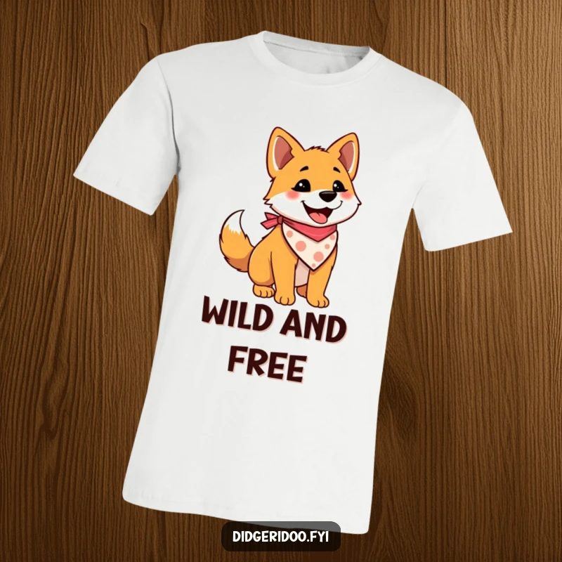 Funny graphic t-shirt of a delighted dingo wearing a bandana and wagging its tail, showcasing a happy and adventurous spirit.