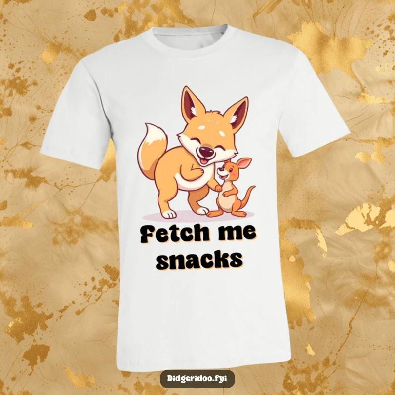 Funny Dingo T-Shirt: A proud dingo enthusiastically plays fetch with a small kangaroo toy, embodying pure, unadulterated fun.