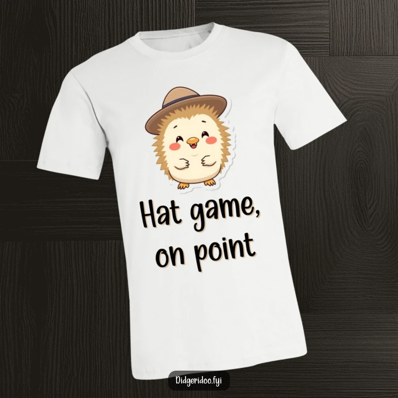 Funny and cheerful echidna character sporting a tiny Akubra hat on a comfortable t-shirt, celebrating Aussie spirit.