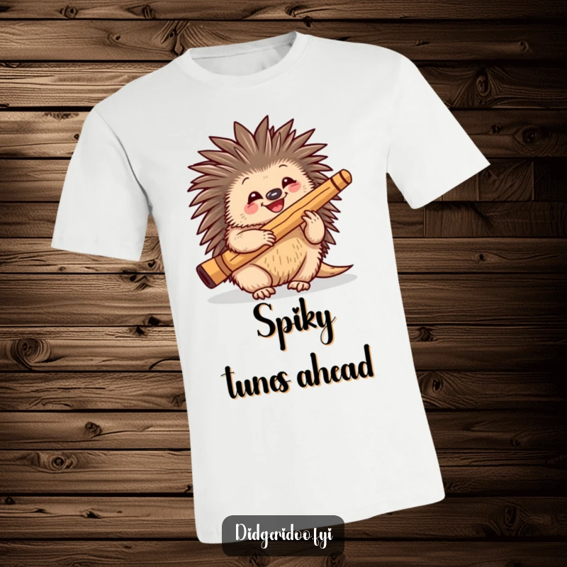 Funny playful echidna character happily playing a didgeridoo, printed on a t-shirt, ideal for quirky gifts.