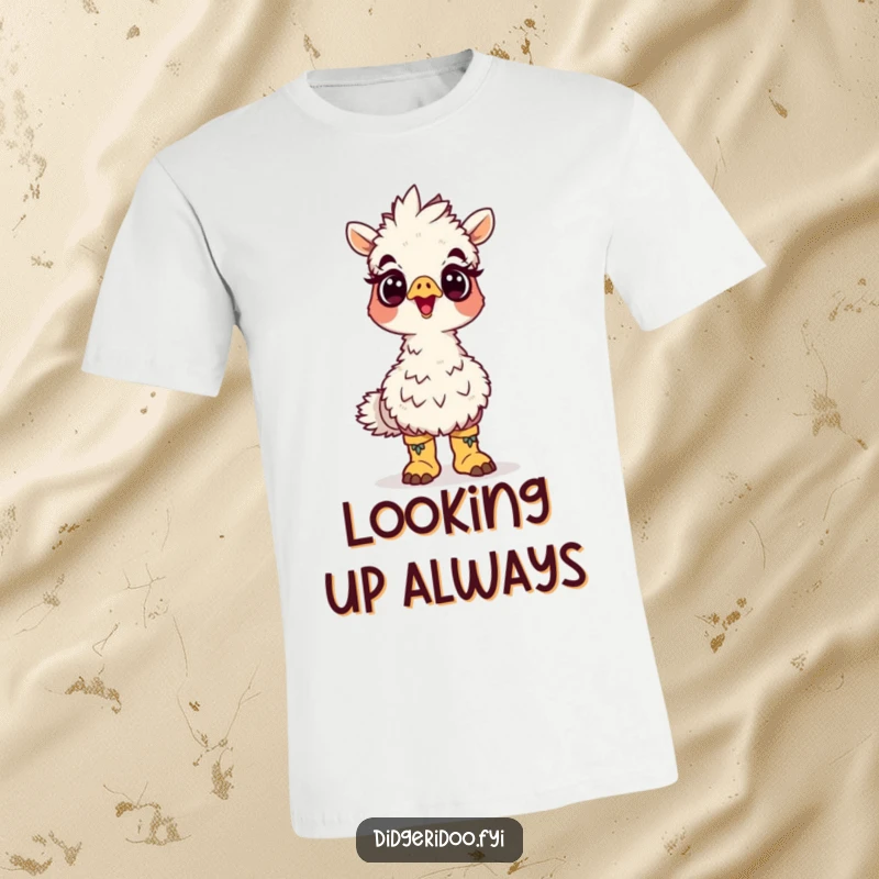 Funny emu boots t-shirt with a surprised cartoon emu wearing tiny boots looking up, a humorous and charming apparel gift.