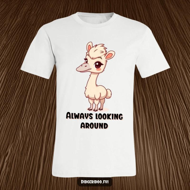 Funny emu t-shirt design featuring a playful bird stretching its long neck to get a better look with a curious expression.