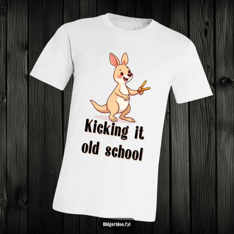 Funny kangaroo t-shirt showcasing a joyful character in mid-kick with a small boomerang, capturing energetic Aussie fun and a humorous moment.