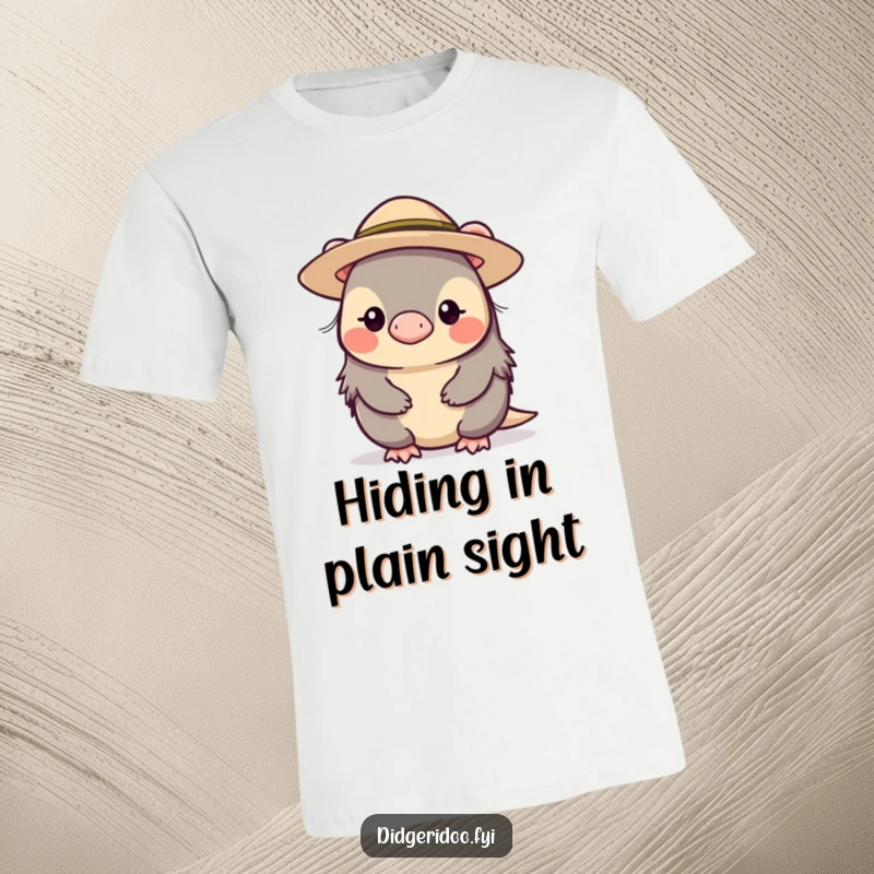 Funny, shy platypus character sporting a small, wide-brimmed hat, featured on a comfortable t-shirt, embodying quiet charm.