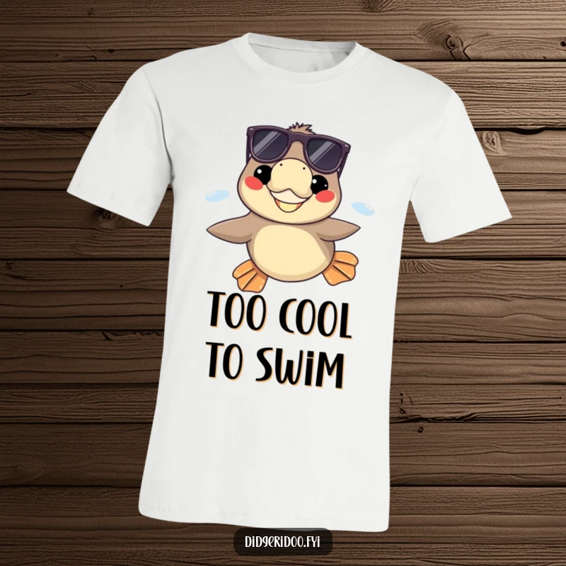 Funny platypus with sunglasses grinning, swimming with flippers out on a t-shirt, showcasing a cool and comical water-lover.