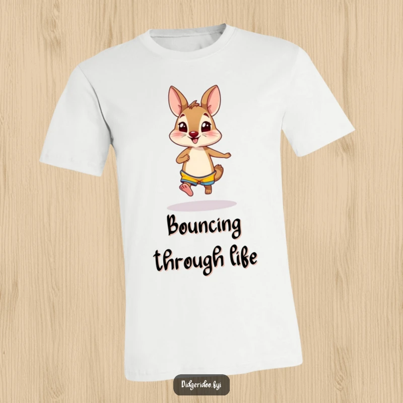 Funny wallaby in bright shorts hopping excitedly on a t-shirt, depicting an energetic and curious creature ready for adventure.