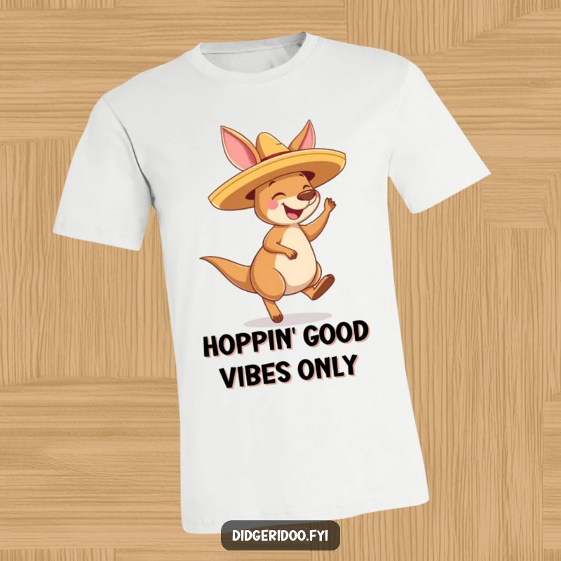 Funny Kangaroo Sombrero T-Shirt: A cheerful kangaroo wearing a sombrero, captured mid-bounce with evident joy and playful energy.