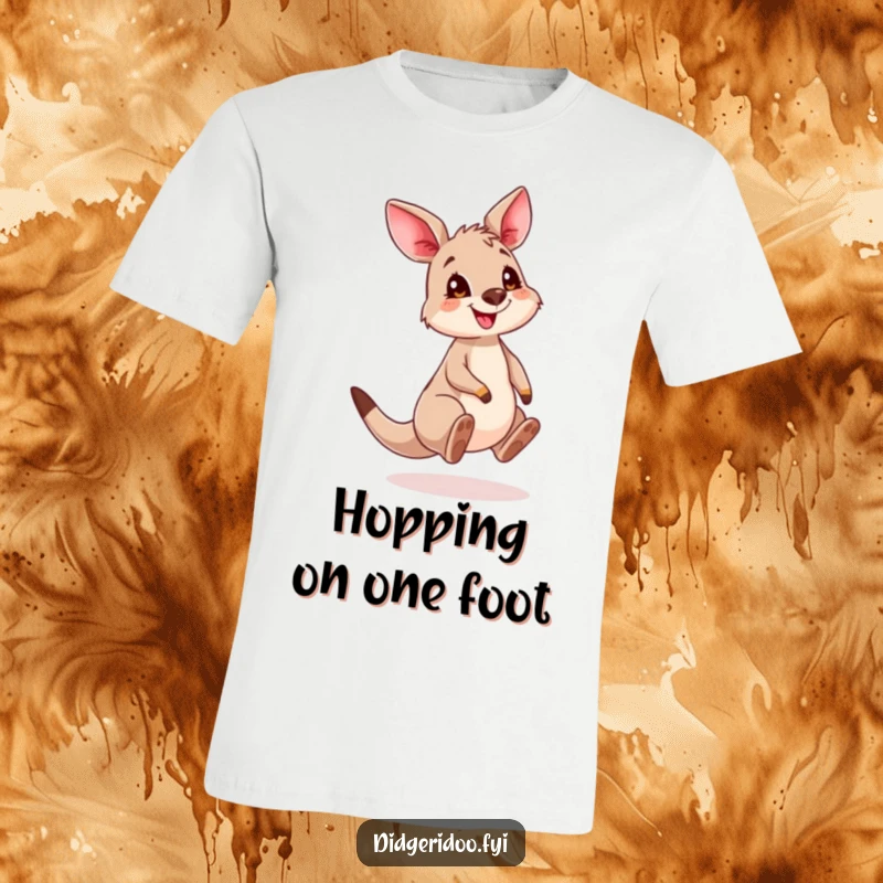 Funny Kangaroo Cub T-Shirt showcasing a joyful baby kangaroo with a cheeky grin, enthusiastically bouncing along.