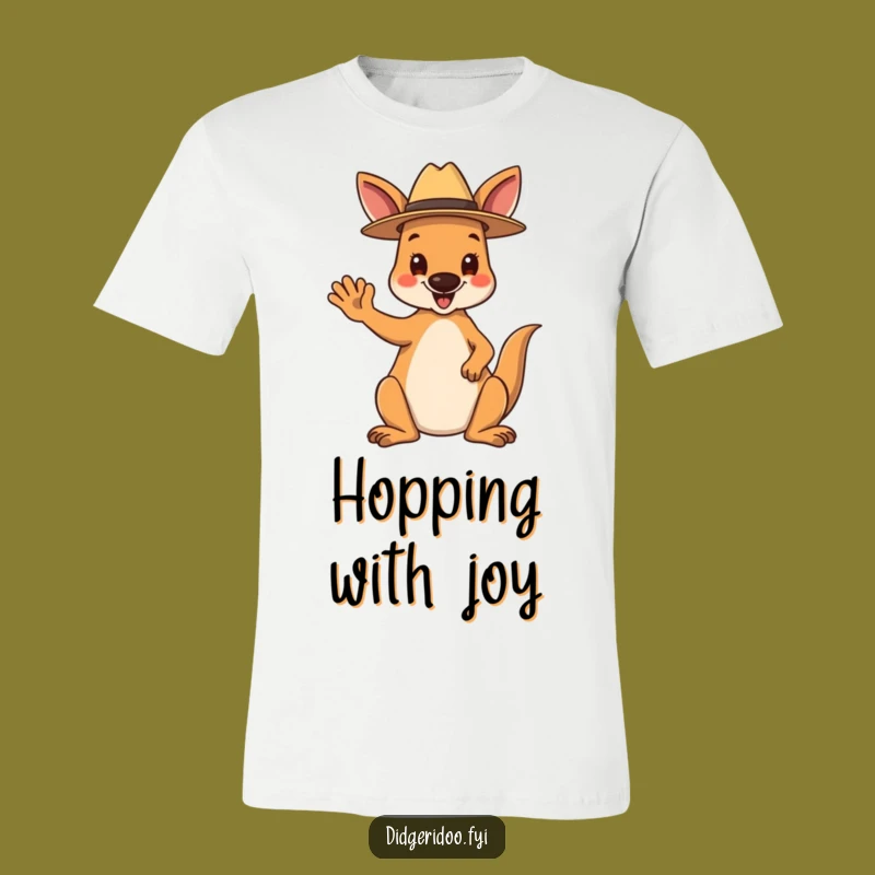 Funny Kangaroo T-Shirt: Happy Aussie Waving with Akubra, Comical Outback Apparel