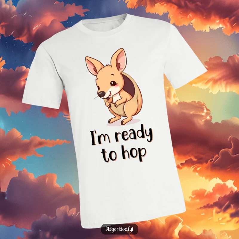 Funny Kangaroo Joey T-Shirt peeking from a pouch, playfully bouncing, showcasing cute and humorous Australian-themed apparel.