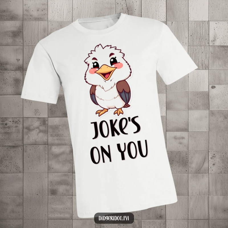 Funny kookaburra t-shirt showing a grinning character with a wide, cheerful beak, ready to burst into laughter.