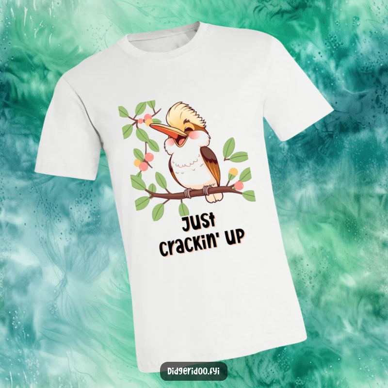 Funny Kookaburra T-Shirt: a jubilant kookaburra laughs heartily perched on a eucalyptus branch, designed for pure, infectious Aussie humor.