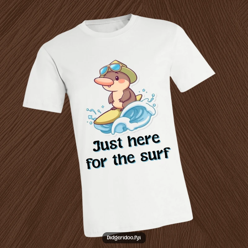 Funny platypus in a surf hat confidently riding a cresting ocean wave, radiating pure, unadulterated, and humorous aquatic bliss.