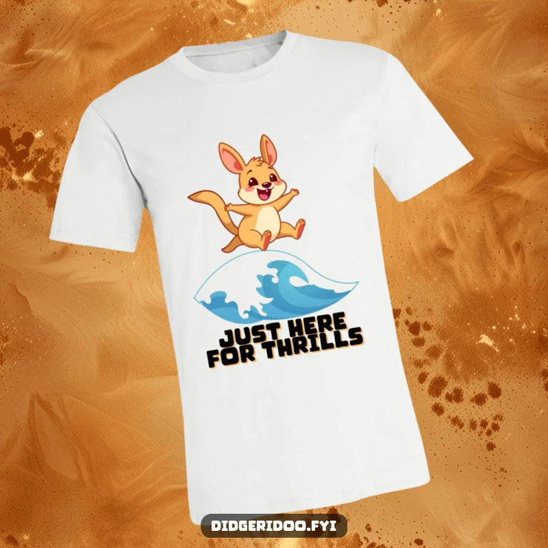 Funny t-shirt showcasing a vibrant, cheerful wallaby mid-leap over a stylized blue ocean wave, radiating pure Aussie surf vibes.