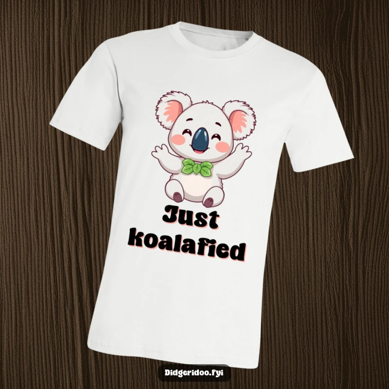 Funny happy koala wearing a eucalyptus leaf bow tie, doing a cheerful wave, a charming and humorous t-shirt for animal lovers.
