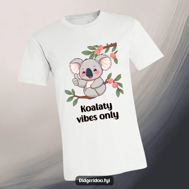 Funny, jovial koala character giving a thumbs up from a eucalyptus branch on a comfortable t-shirt, radiating Aussie chill vibes.