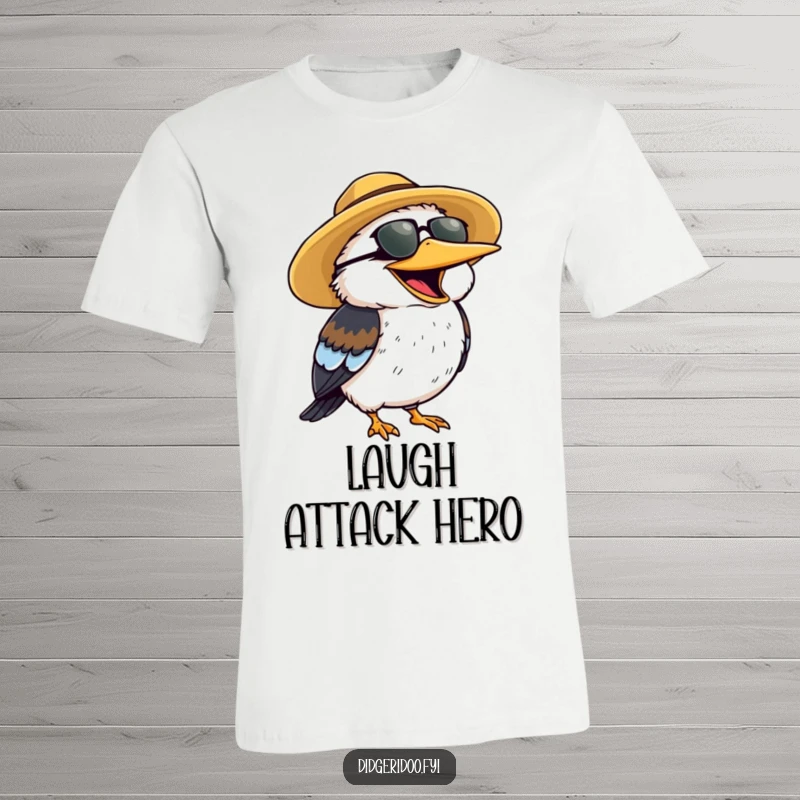 Funny T-Shirt with a cheerful kookaburra character wearing a sun hat, laughing heartily.