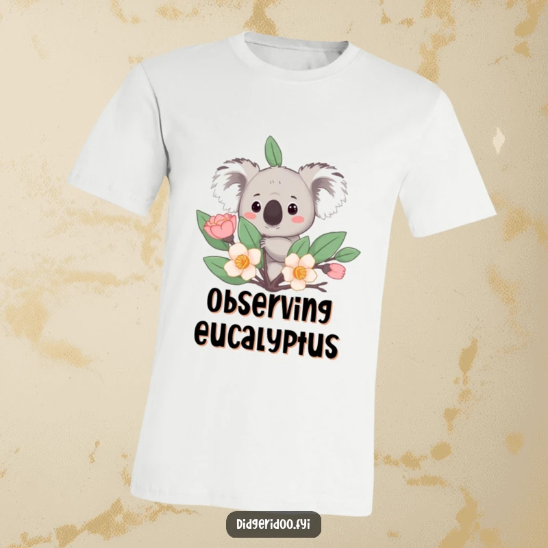 Funny T-Shirt: A curious koala peeks from behind a stylized eucalyptus bloom, a charming and humorous wildlife design.