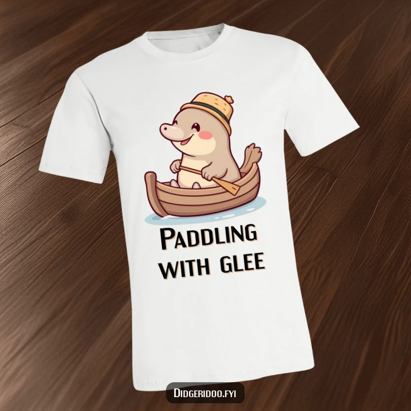 Funny giggling platypus wearing a tiny cork hat, paddling a miniature boat, a humorous and adventurous t-shirt for unique personalities.
