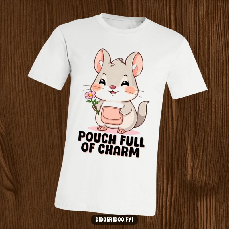 Funny Bilby T-Shirt: A smiling bilby with a tiny pouch courteously offers a flower, showcasing a sweet and gentle nature.