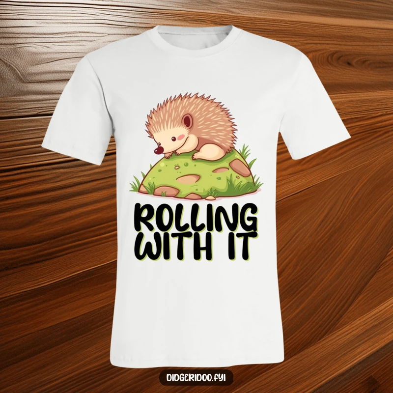 Funny cute echidna rolling down a hill, printed on a hilarious and playful animal t-shirt.