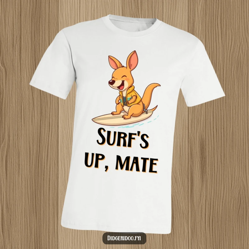 Funny kangaroo in a surf vest laughing while riding a surfboard, a comical and cool t-shirt graphic.