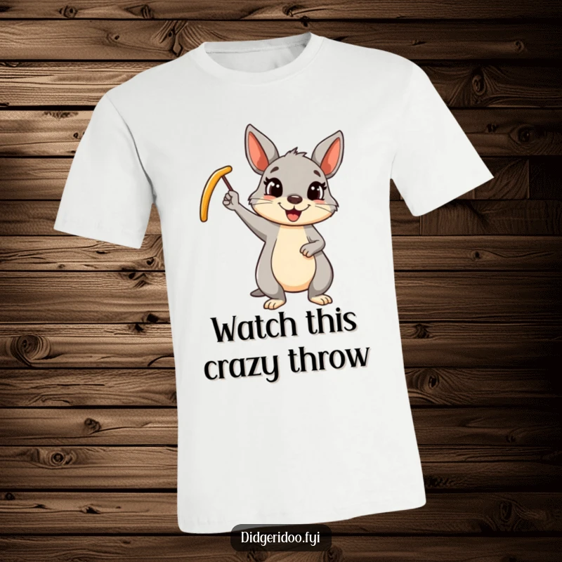 Funny wallaby boomerang t-shirt with a cheerful cartoon wallaby waving a boomerang, a humorous and adventurous apparel gift.